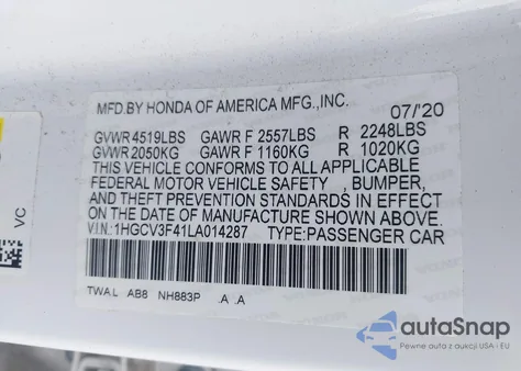 2020 Honda Accord Hybrid Ex from USA, damaged, VIN 1HGCV3F41LA014287